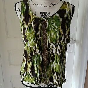 Apt. 9 Tank Green + Brown Pattern, Beaded Size L